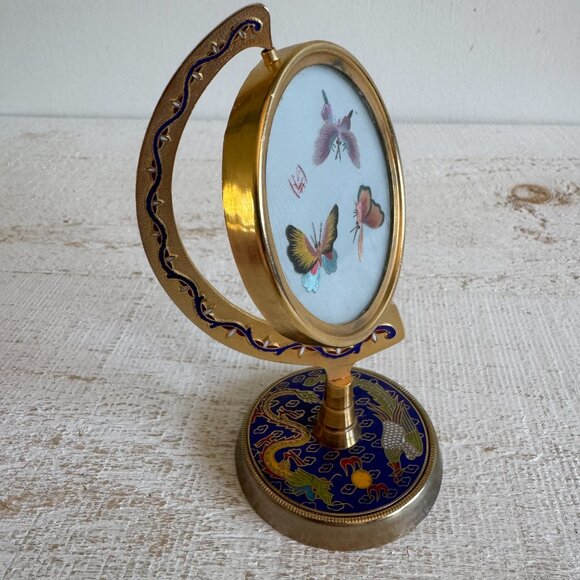 Vintage Chinese Cloisonne Silk Butterfly Embroidery Art - Picture 9 of 13